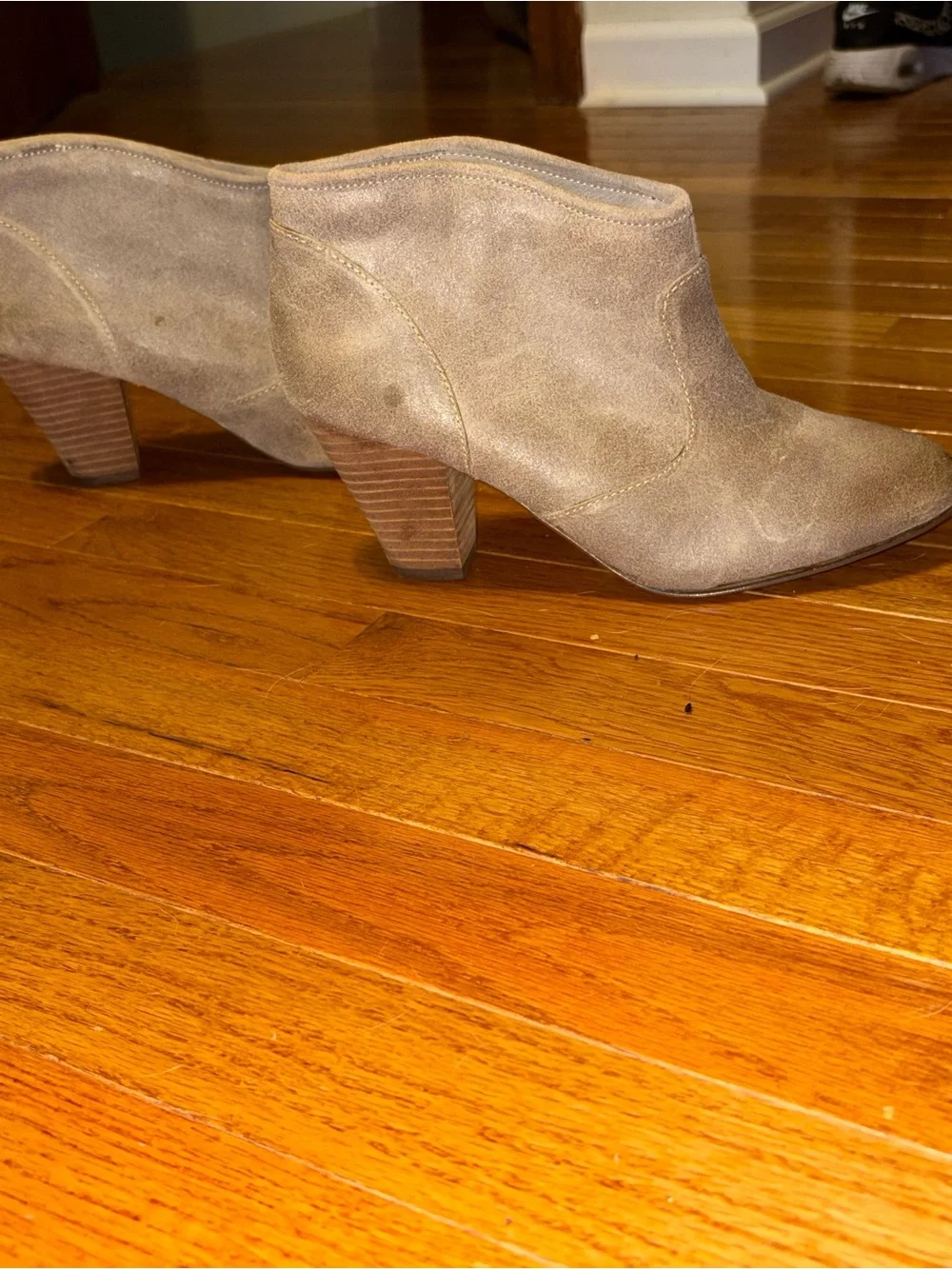 Report Taupe Suede Ankle Booties with Stacked Heel